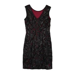 Cache Sheath Dress Women's Size 2 Black Burgundy Sequin Floral Lace Cocktail